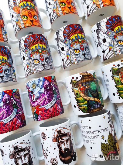 Кружка с авторским принтом Кот, моряк, единорог др