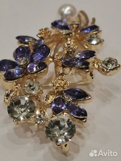 Брошь 2в1 Сапфировый букет кристаллы жемчуг