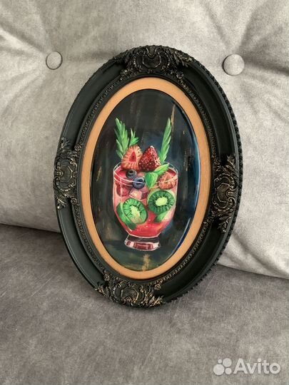 Картина маслом, коктейль, в гипсовой рамке 22х30