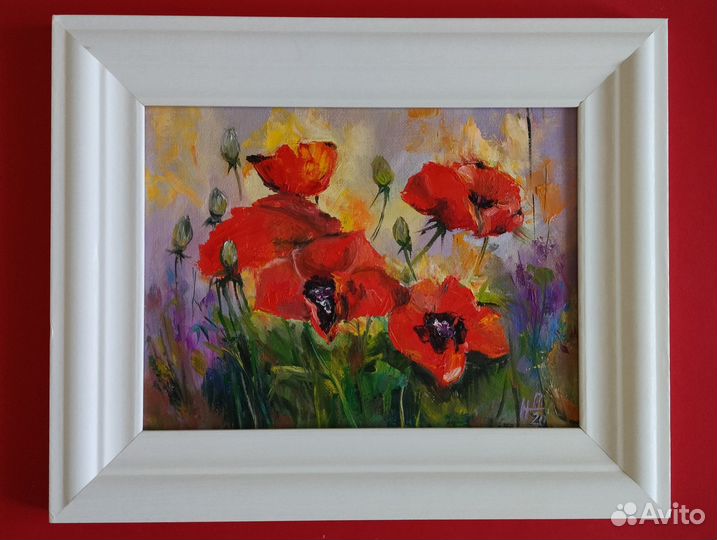 Цветы маки ирисы картины маслом 18 х 24. Подарок
