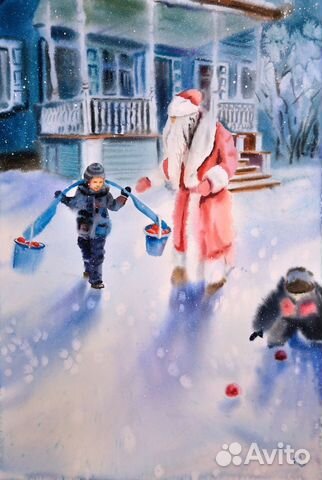 Картина акварелью "Дед Мороз" новогодняя