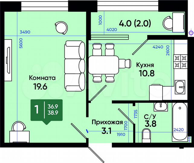1-к. квартира, 38,9 м², 2/3 эт.