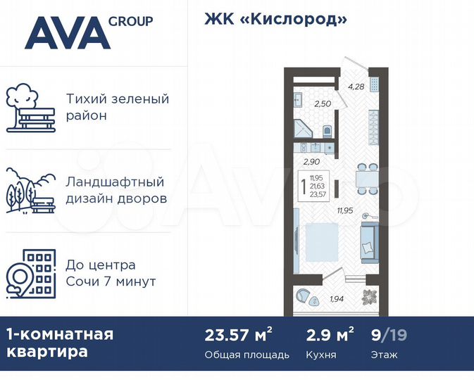 Квартира-студия, 23,6 м², 9/19 эт.