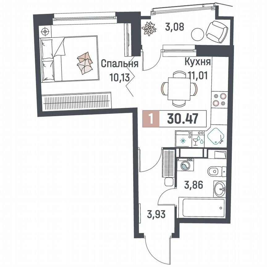1-к. квартира, 30,5 м², 13/18 эт.