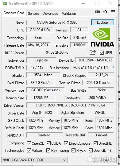 Видеокарта Gigabyte GeForce RTX 3060 OC 12 гб