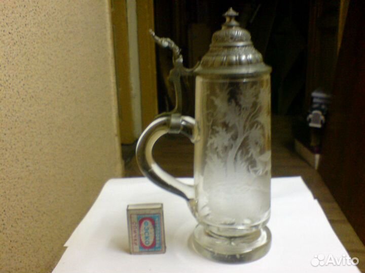 Кружка пивная, стекло, олово, старинная