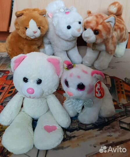 Мягкие игрушки кошки зайка лиса сова мишка