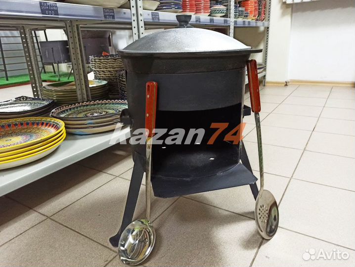 Казан чугунный 10л круглый и печь + шумовка специи