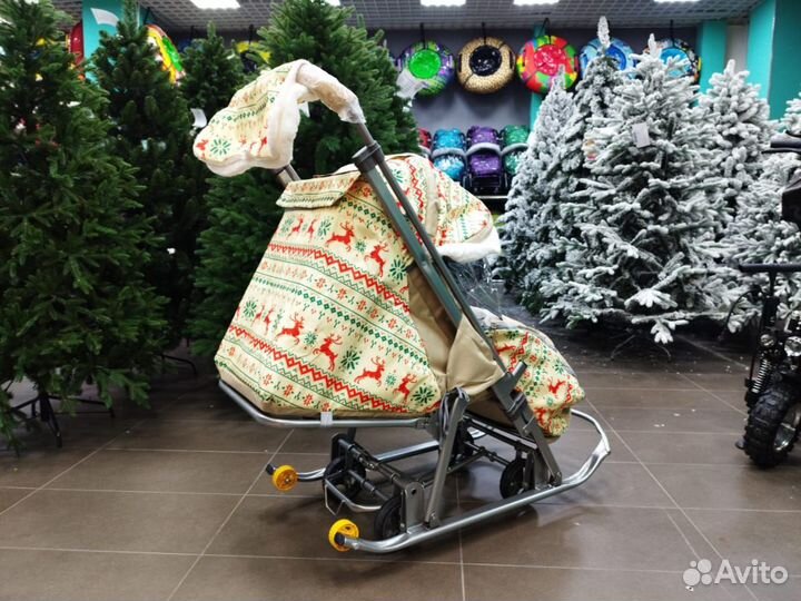 Санки коляска Galaxy 1 бежевый с красным