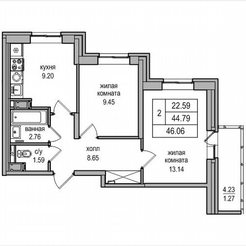 2-к. квартира, 45,7 м², 2/27 эт.