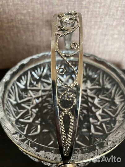 Хрустальная конфетница вазочка СССР мельхиор