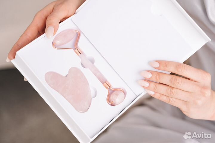 Массажер гуаша розовый кварц для лица набор