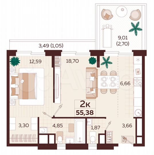 2-к. квартира, 54,4 м², 4/9 эт.