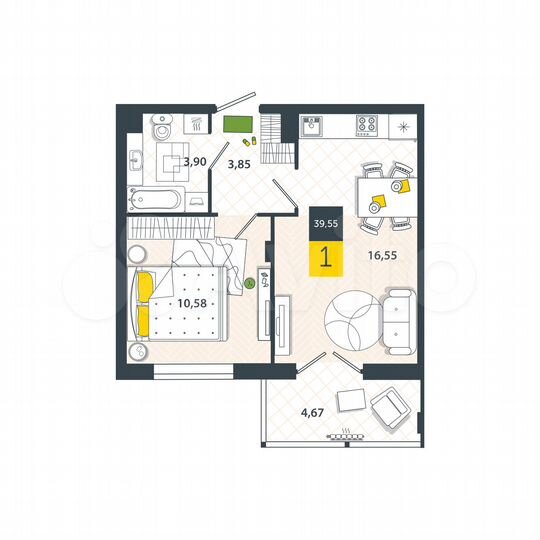 1-к. квартира, 39,6 м², 2/8 эт.