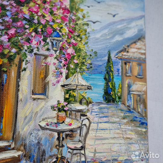 Картина маслом пейзаж средиземноморье море цветы