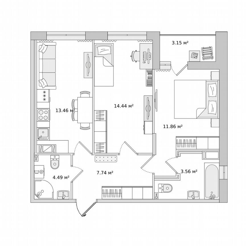 2-к. квартира, 55,4 м², 13/14 эт.