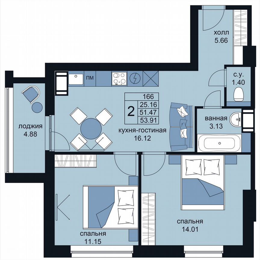 2-к. апартаменты, 54,8 м², 10/15 эт.