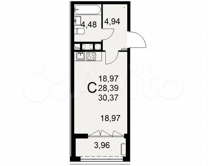 1-к. квартира, 30,4 м², 3/16 эт.