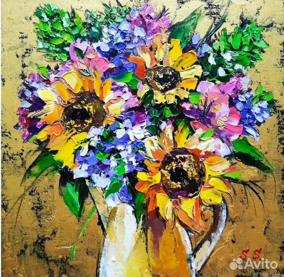 Картина Цветы маслом на холсте текстурная