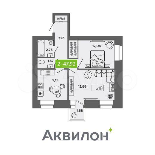 2-к. квартира, 47,9 м², 4/9 эт.