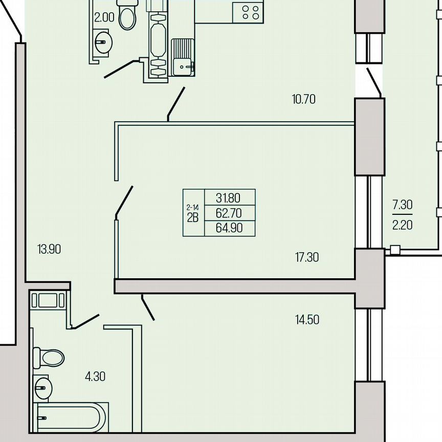 2-к. квартира, 64,9 м², 14/19 эт.