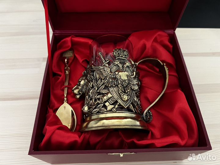 Подстаканник со стаканом и ложкой из бронзы