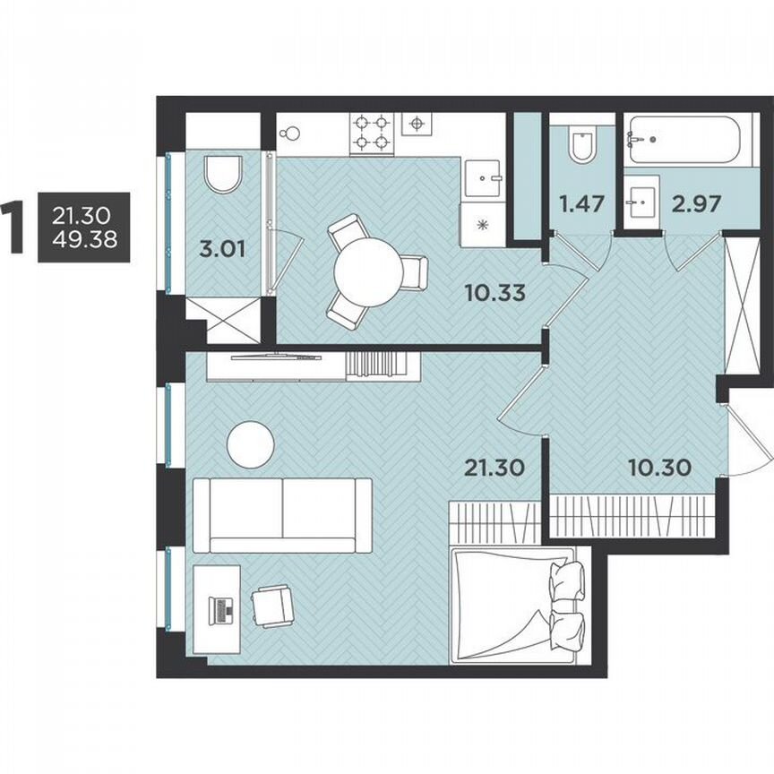 1-к. квартира, 49,4 м², 2/4 эт.