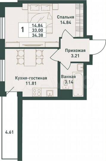 1-к. квартира, 34,4 м², 3/16 эт.