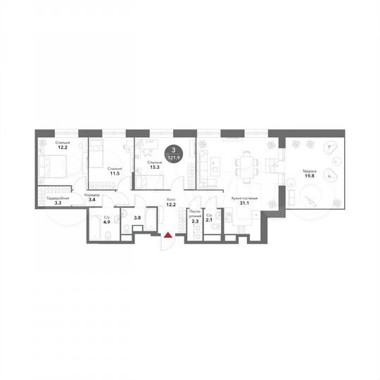 3-к. апартаменты, 121,9 м², 19/19 эт.