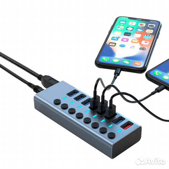 Хаб USB 3.0 на 8 портов алюминиевый с доп питанием