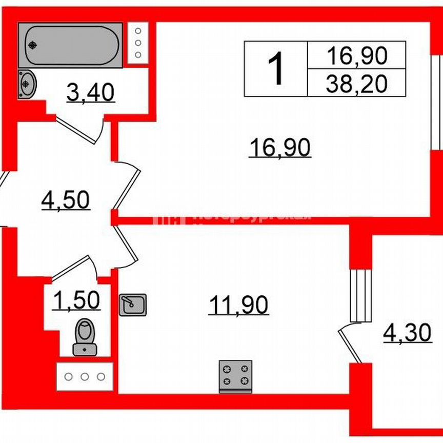 1-к. квартира, 38,2 м², 12/12 эт.