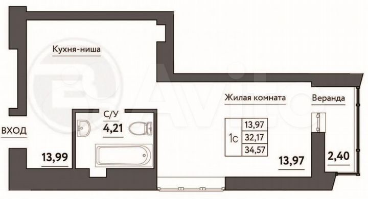 Квартира-студия, 34,6 м², 7/19 эт.