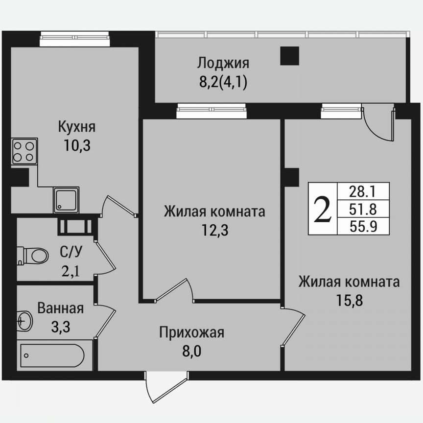 2-к. квартира, 59,9 м², 12/15 эт.