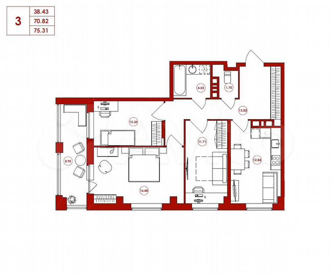 3-к. квартира, 75,3 м², 4/16 эт.