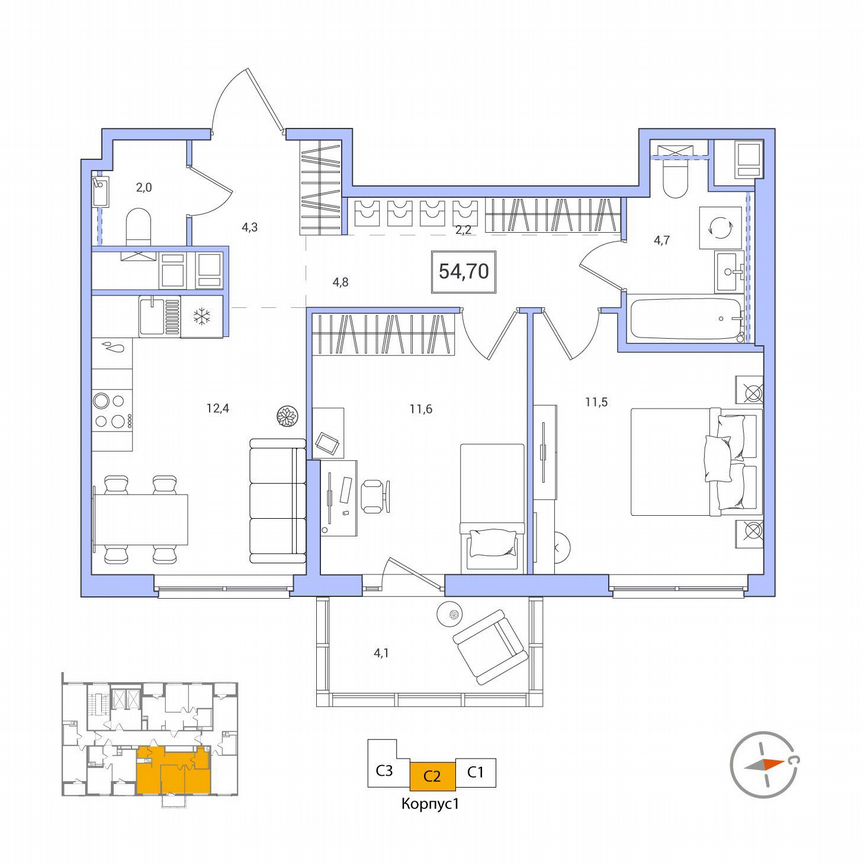 2-к. квартира, 54,7 м², 10/12 эт.