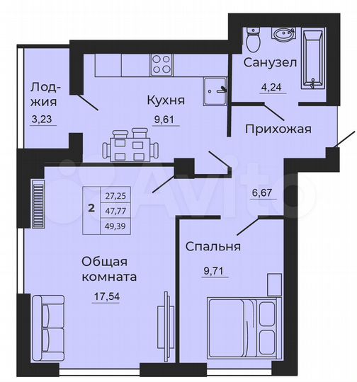 2-к. квартира, 50 м², 4/24 эт.