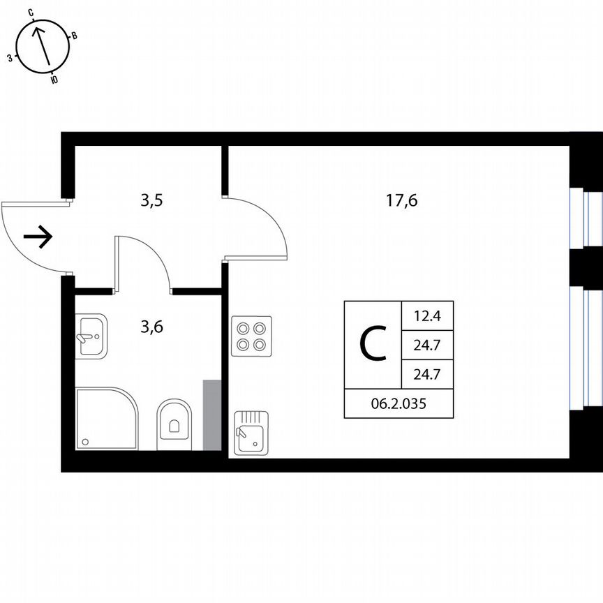 1-к. квартира, 24,7 м², 1/3 эт.