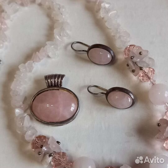 Бусы серьги кольцо кулон розовый кварц