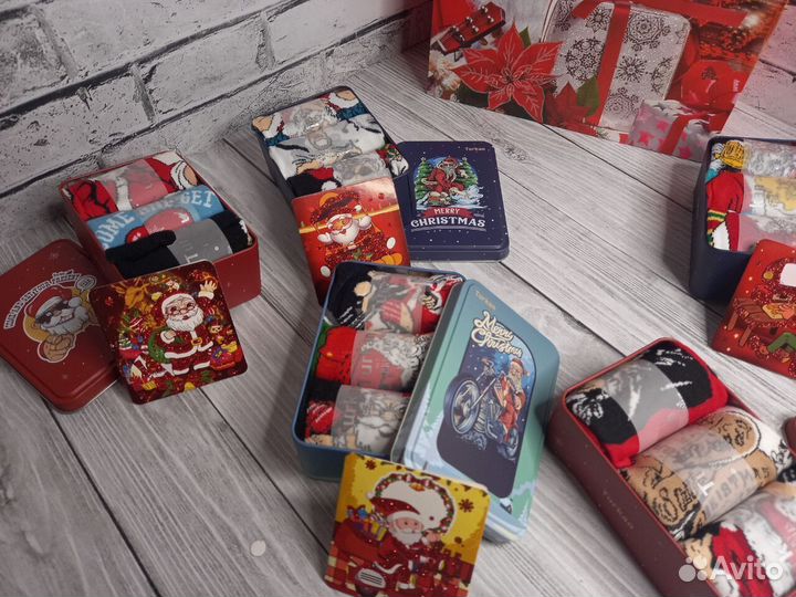 Носки высокие с принтом новогодние набор 3 пары