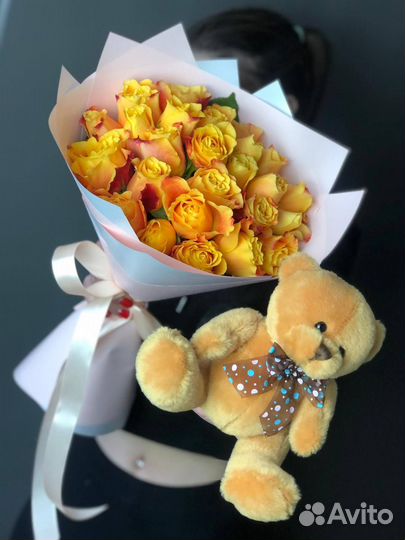 Розы Кения Плюшевый мишка Букет цветов Доставка