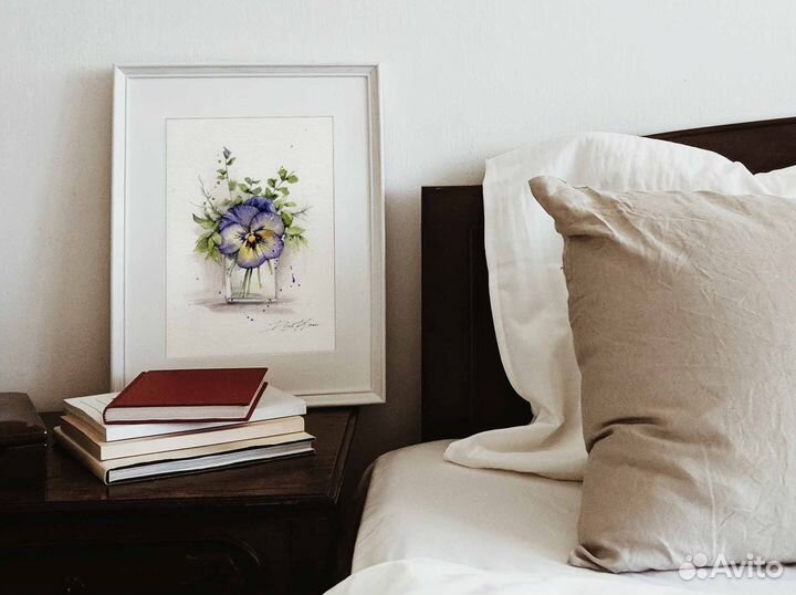 Картина акварелью цветы Анютины глазки 30 х 21см