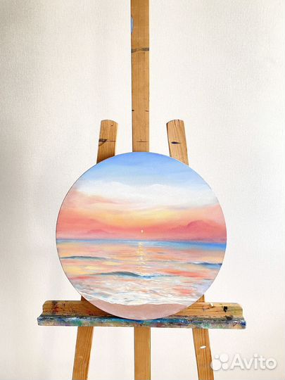 Картина маслом рассвет пейзаж море круглая закат