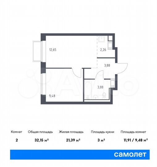 2-к. квартира, 32,2 м², 15/17 эт.