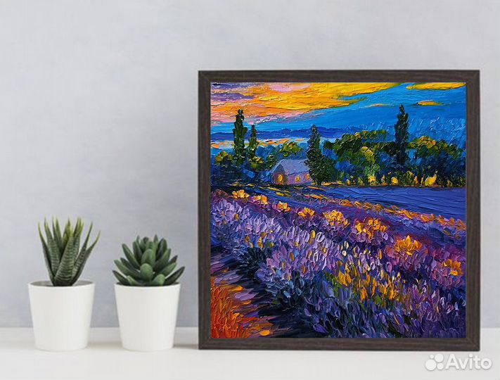 Картина маслом Лавандовое поле, холст 20х20 см