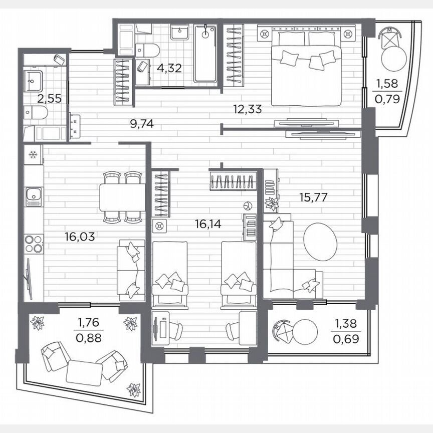 3-к. квартира, 79,8 м², 4/13 эт.