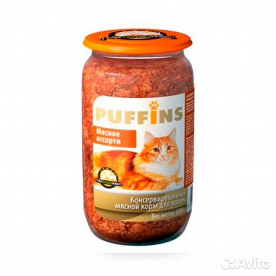 Puffins консерв. 650г дкошек Мясное ассорти стекло