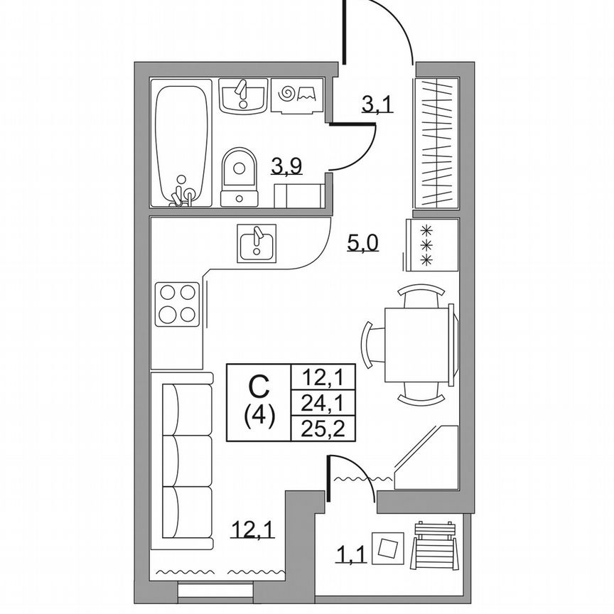 Квартира-студия, 25,2 м², 5/8 эт.