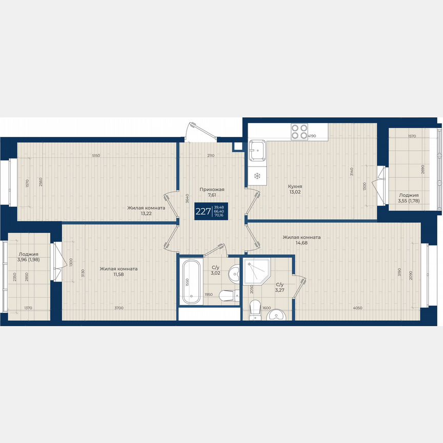 3-к. квартира, 70,2 м², 7/12 эт.