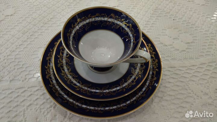 Чайная тройка Германия кобальт с позолой