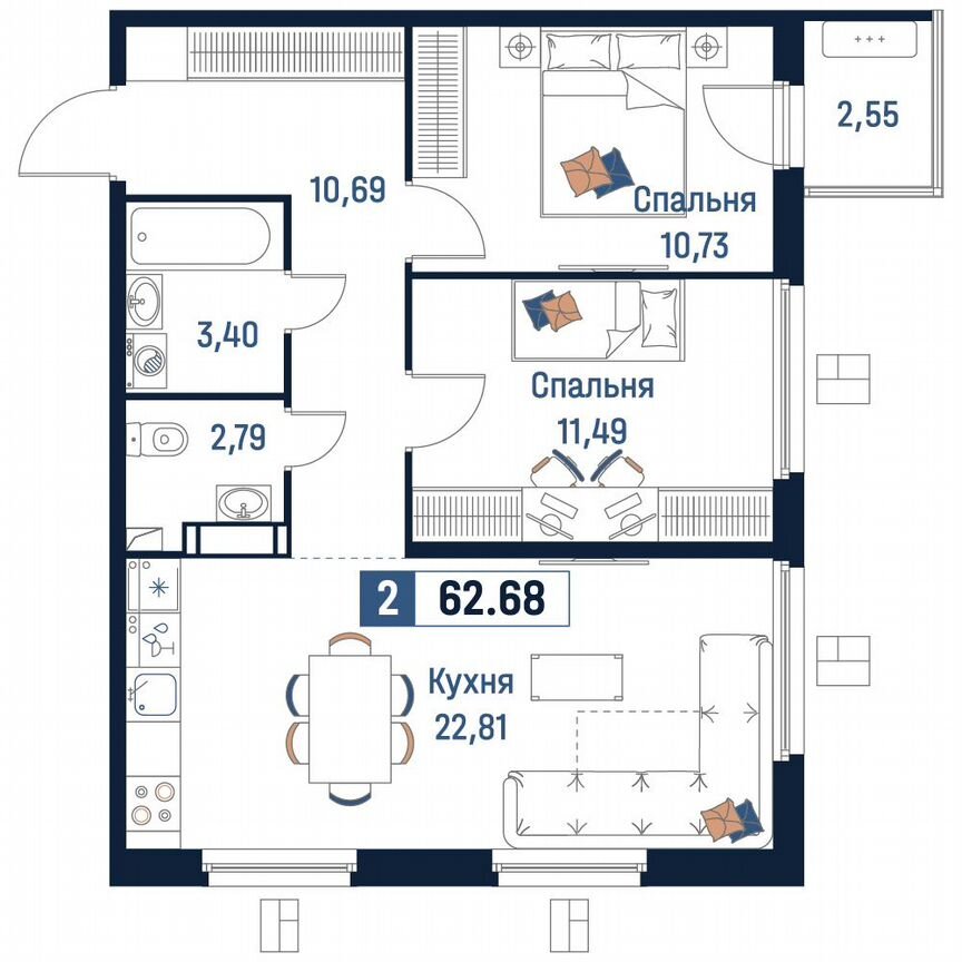 2-к. квартира, 62,7 м², 4/18 эт.